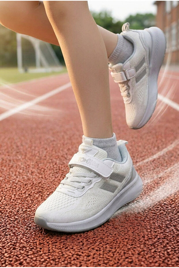 Tonny Black Çocuk Unisex Beyaz Gümüş Rahat Kalıp Nefes Alabilen Cırtlı Bağcıklı Sneaker