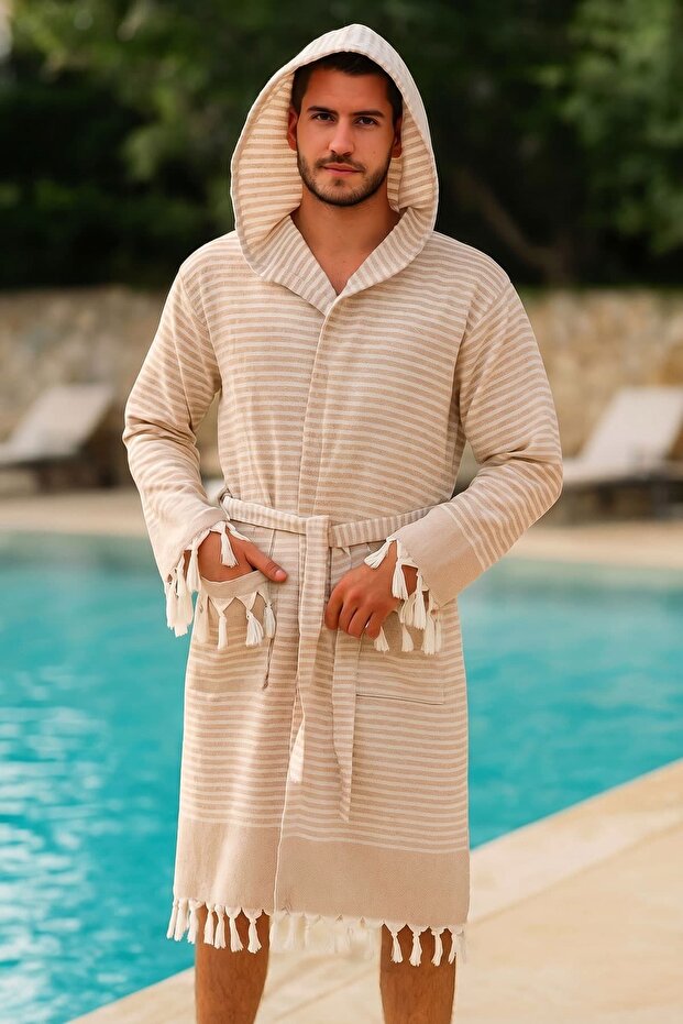 Hooded Unisex Peshtemal Bathrobe Seaside Stripe