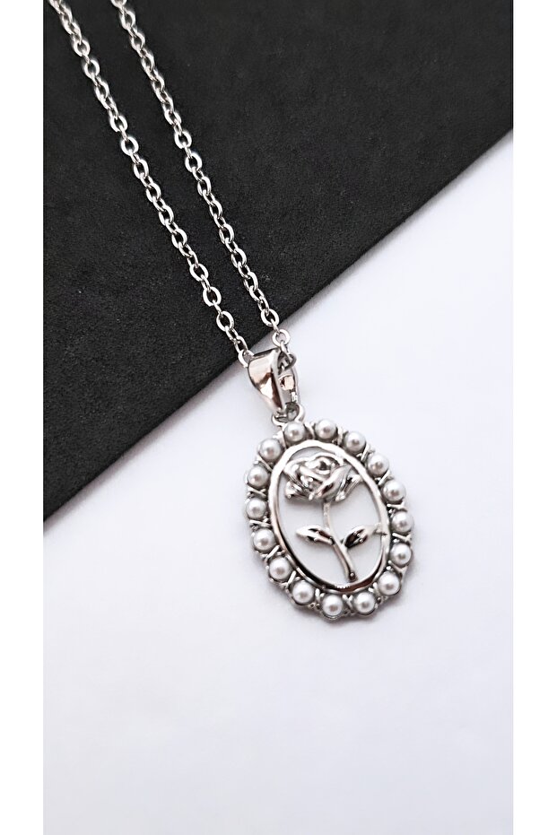 Rose Patterned Enamel Steel Necklace with Pearls Around
