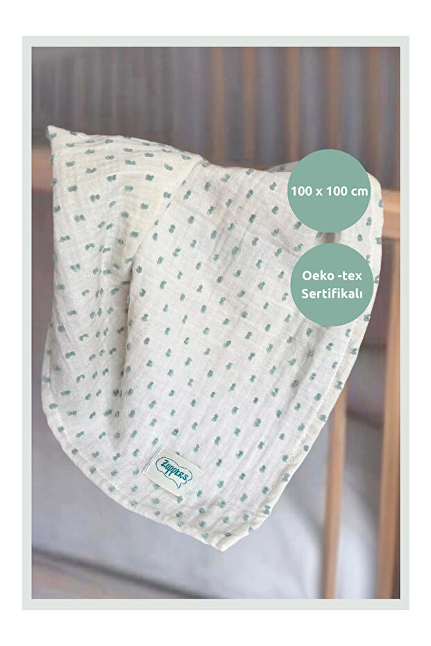 Green Pompom Baby Muslin Blanket - Blanket