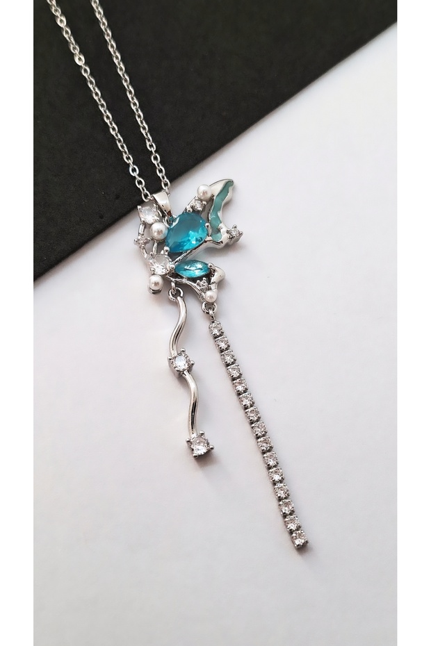 Butterfly Figured Zircon Stone Blue Opal Steel Necklace