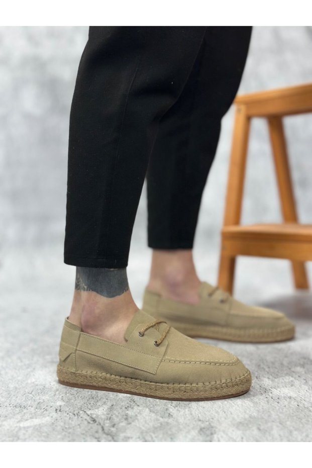Ba0358 Boa Natural Leather Powder Lace-Up Rubber Handmade Espadrille Sole Beige Color Men's Shoes
