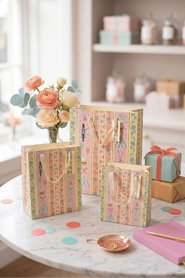 Gift Bag Party Pattern Cardboard Bag Set of 3 Sizes