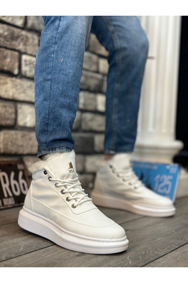 Ba0151 White Men's Style Sports Boots with Fur Inside and Laces