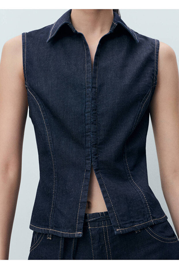 Contrast Stitching Denim Blouse - 6