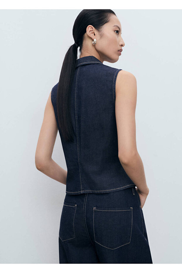 Contrast Stitching Denim Blouse - 4