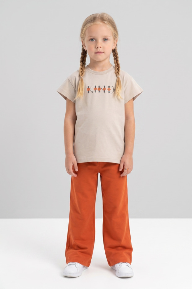 Crew Neck Print Detailed Girl's Bottom and Top Set