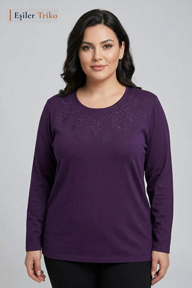 Women's Plum Large Size Daisy Pattern Collar Embroidered, Stoned Mother Combed Cotton Blouse, Oversized Size