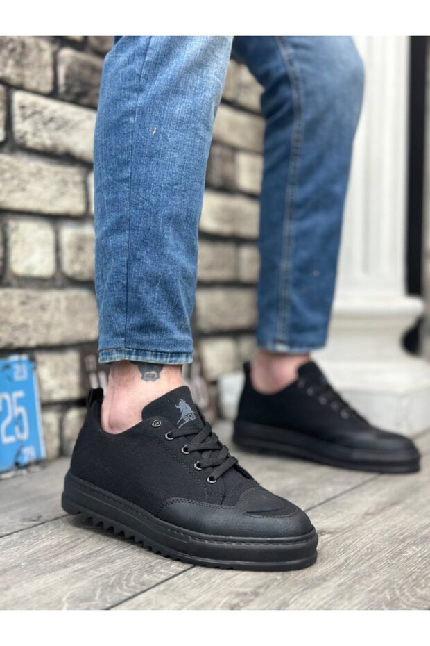 BA0328 BOA Thick High Sole Smile Patterned Black Sports Men's Shoes