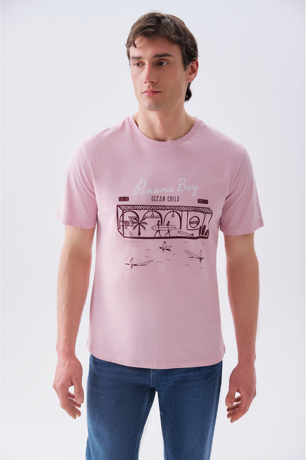 Men's Pink Printed Crew-Neck T-Shirt
