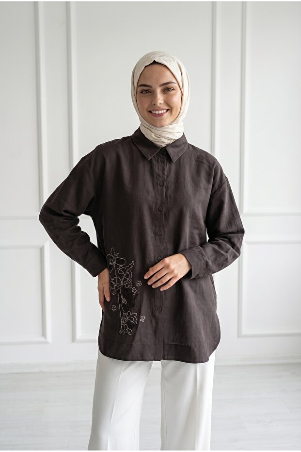 Behiye Bead Embroidery Detailed Shirt-Eu2964 Aci Kahve