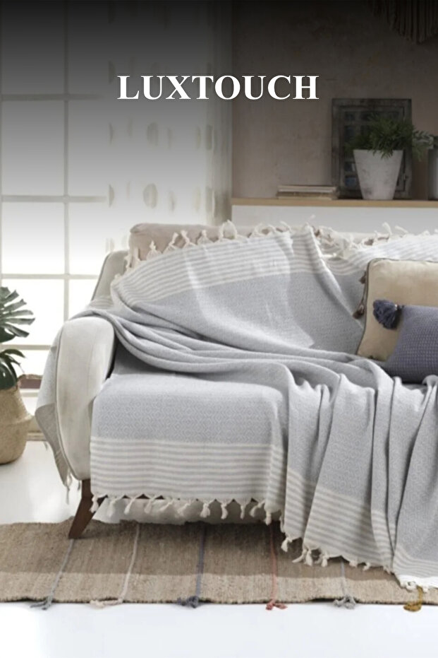 Bergama Gray Buldan Sofa Cover 170 X 210 cm Sofa Shawl Sofa Bed Cover Cotton Throw