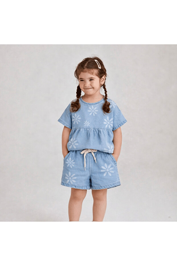 Girl's Denim Blouse & Shorts Set