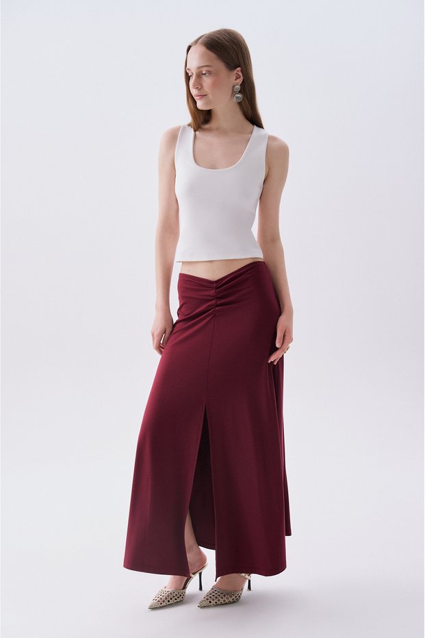 Women's Burgundy A-Line Long Skirt with Gathered Waist and Slit