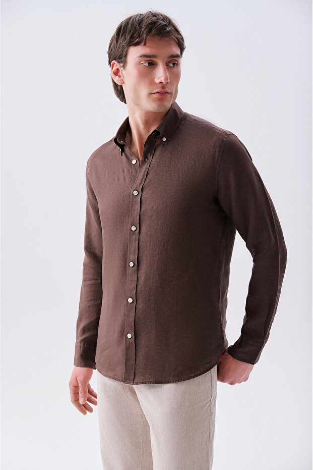 Men's Brown Slim Fit Long Sleeve Linen Shirt