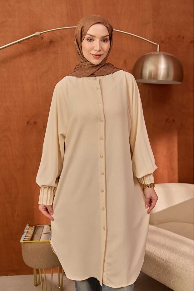 Beige Linda Tunic with Ribbed Sleeves