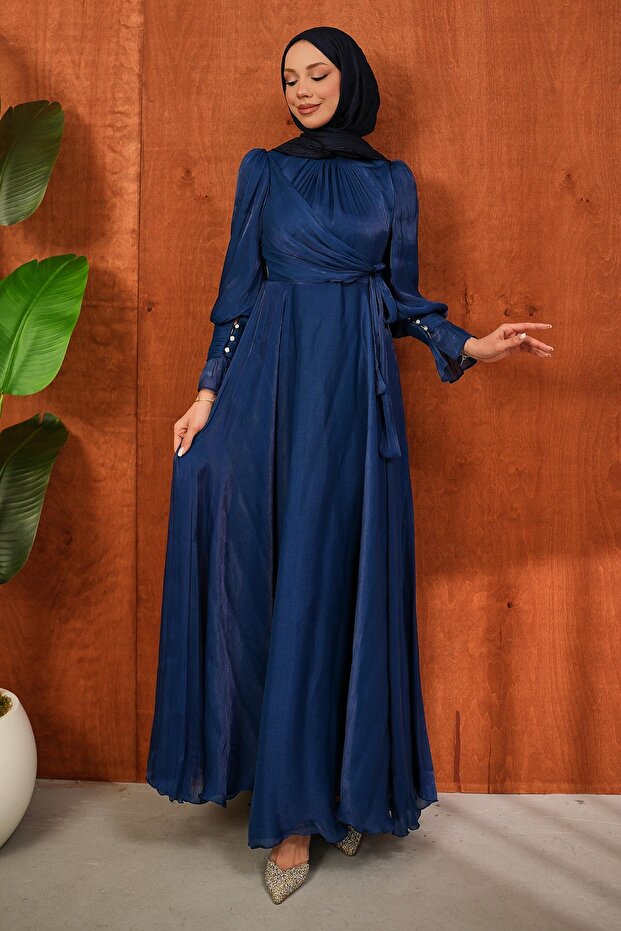 Navy Blue Side Tie Sleeve Detailed Evening Dress
