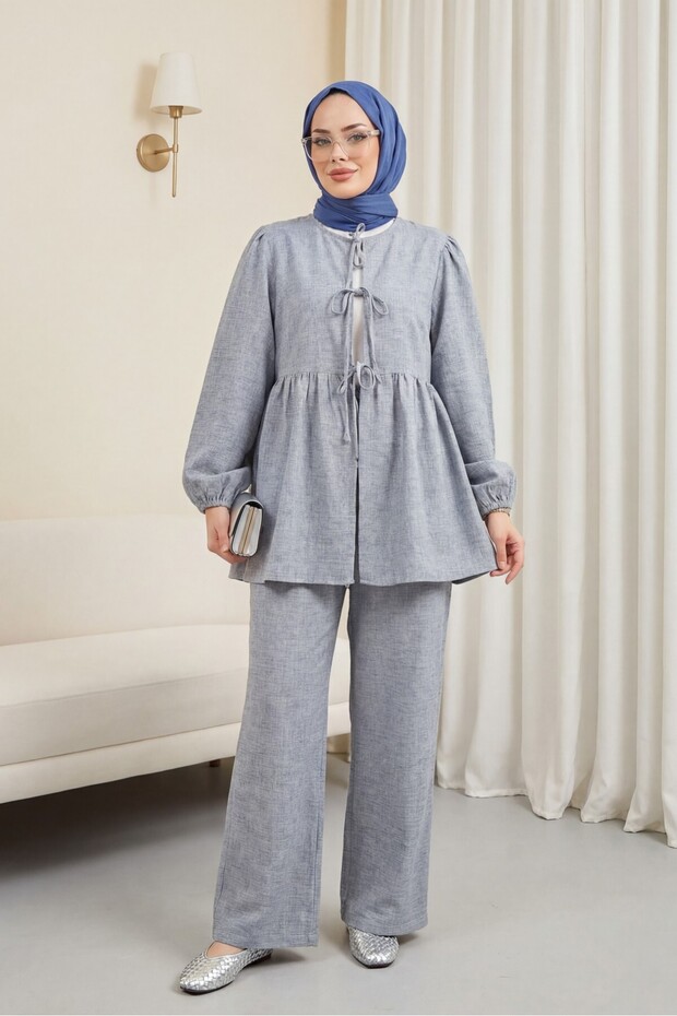 Tied Front, Segmented Sleeve Elasticized Suit - Ice Blue