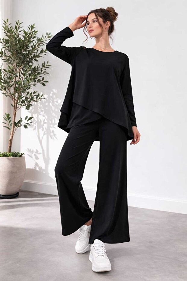 Tesettüre Compatible Asymmetric Cut Jersey Tunic & Pants Set