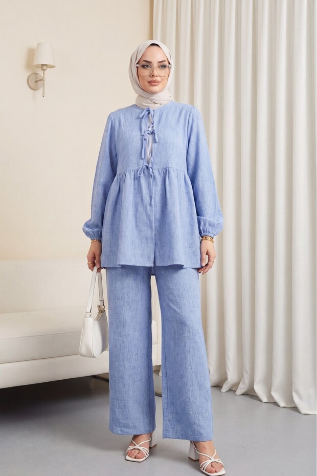 Tied Front, Segmented Sleeve Elasticized Suit - Blue