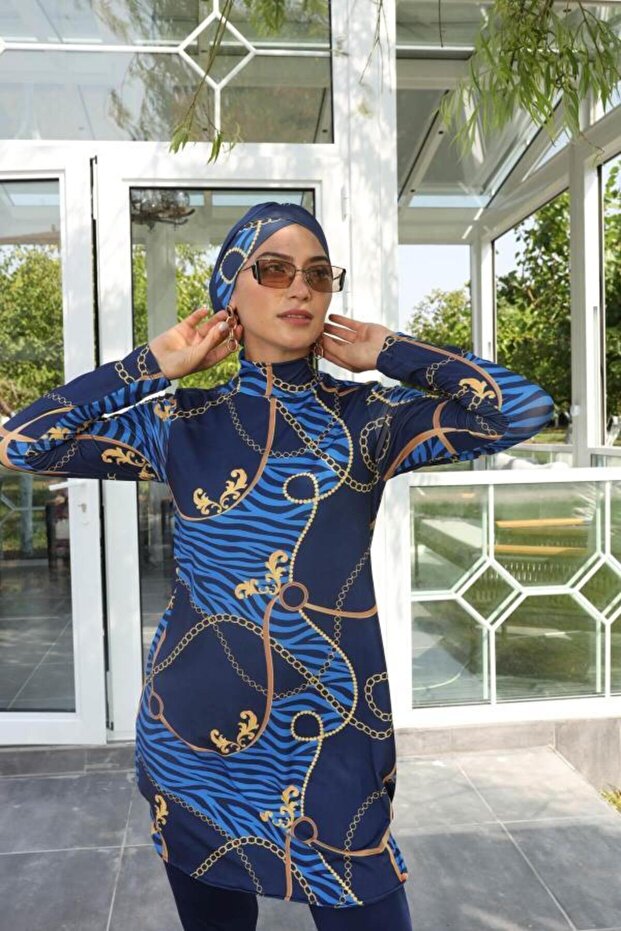 ملابس سباحة ليكرا مغطاة بالكامل بنمط سلسلة أنثراسايت