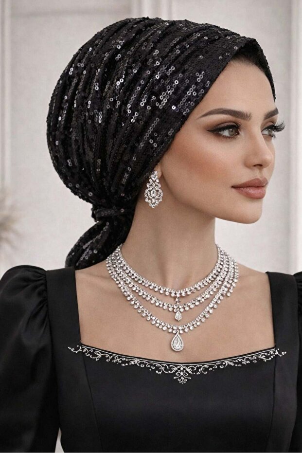 Black Sequin Embroidered Evening Dress Buckled Bonnet