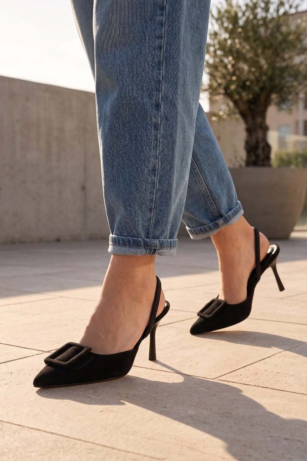Sahra Black Suede Buckle Detail Women's Heeled Shoes with Elastic Back