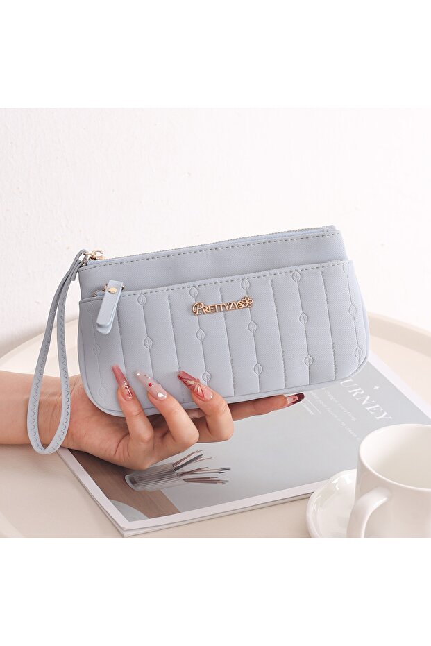 Blue Extra Soft Textured Portfolio Handbag with Wrist Strap - Special Design Clutch 20X11 cm