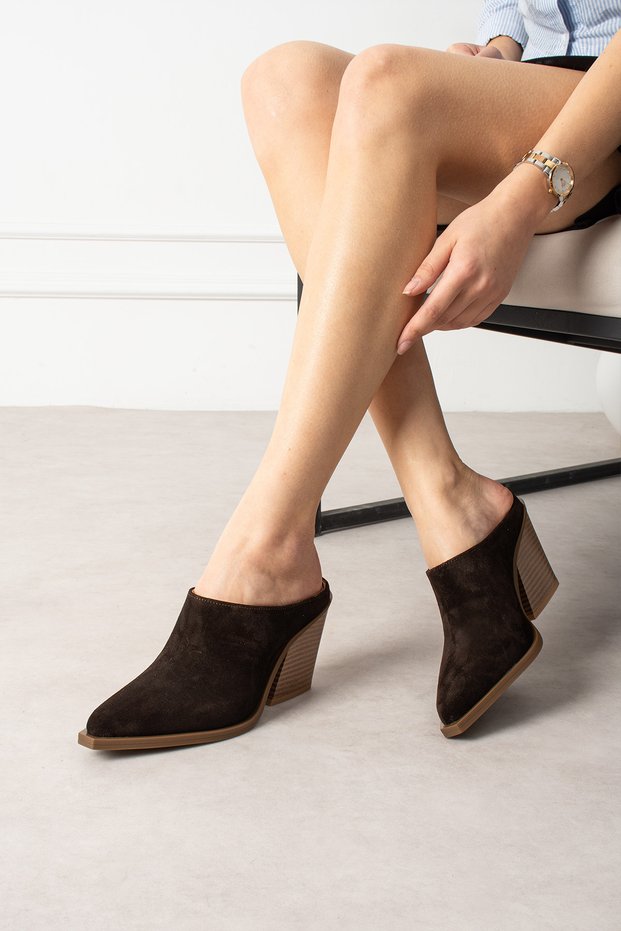 Women's Suede Genuine Leather Brown Western Slippers – Cowboy Style Heeled