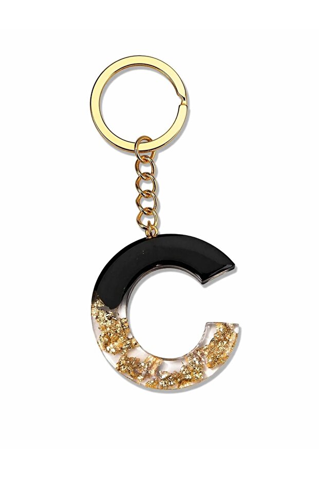 Gold Leaf Letter C Black Epoxy Keychain