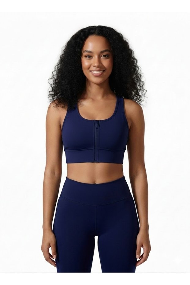 Navy Blue Padded Zippered Sports Bustier - Sports Bra / Cropped Supportive Sports Bra