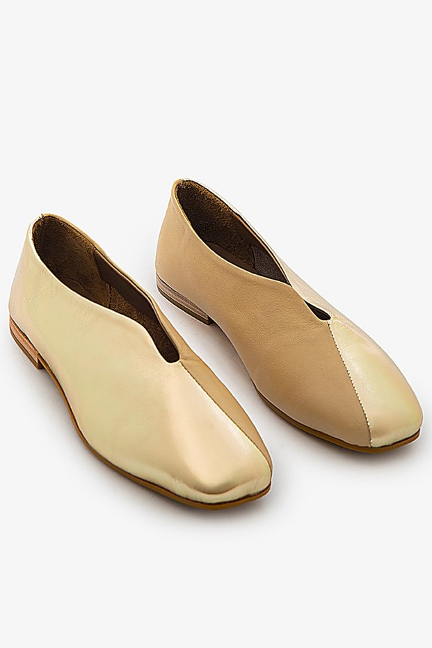Gold Beige Multi-Colored Genuine Leather Women's Ballerina Shoes