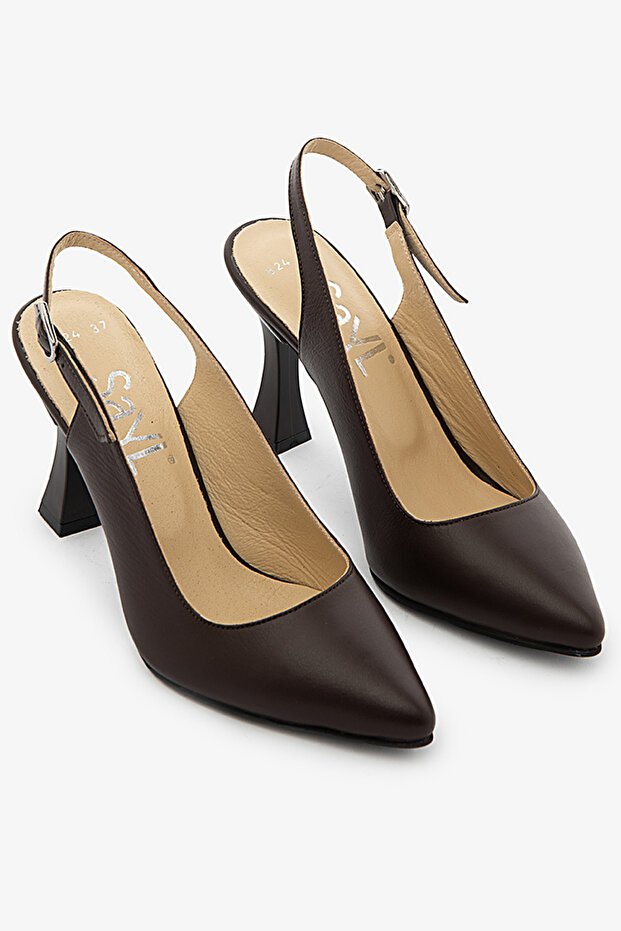 Brown Genuine Leather Women's Slingback Stiletto Thin Heeled Shoes
