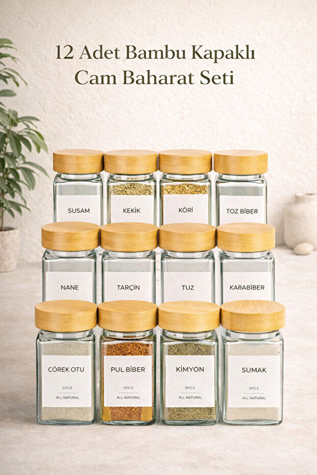 12-Piece Glass Square Spice Jar Set with Bamboo Lids (14 labels included)
