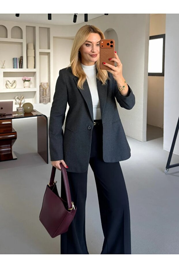 Single Button Anthracite Blazer Jacket - 4
