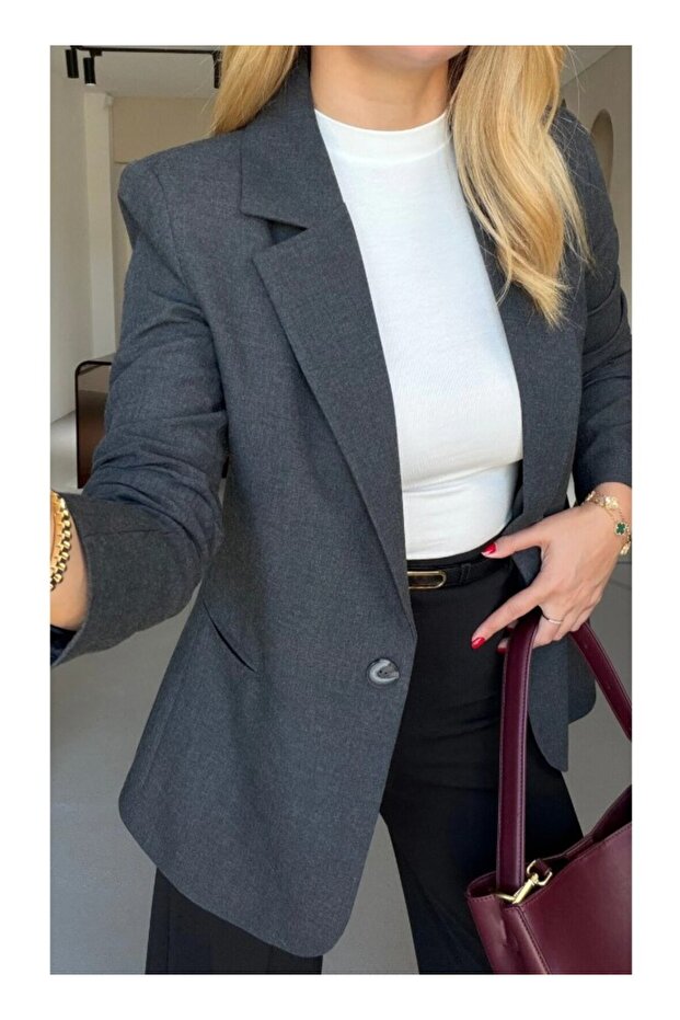 Single Button Anthracite Blazer Jacket - 5