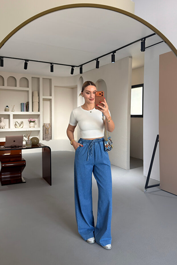 Elastic Waist Wide Leg Denim Trousers