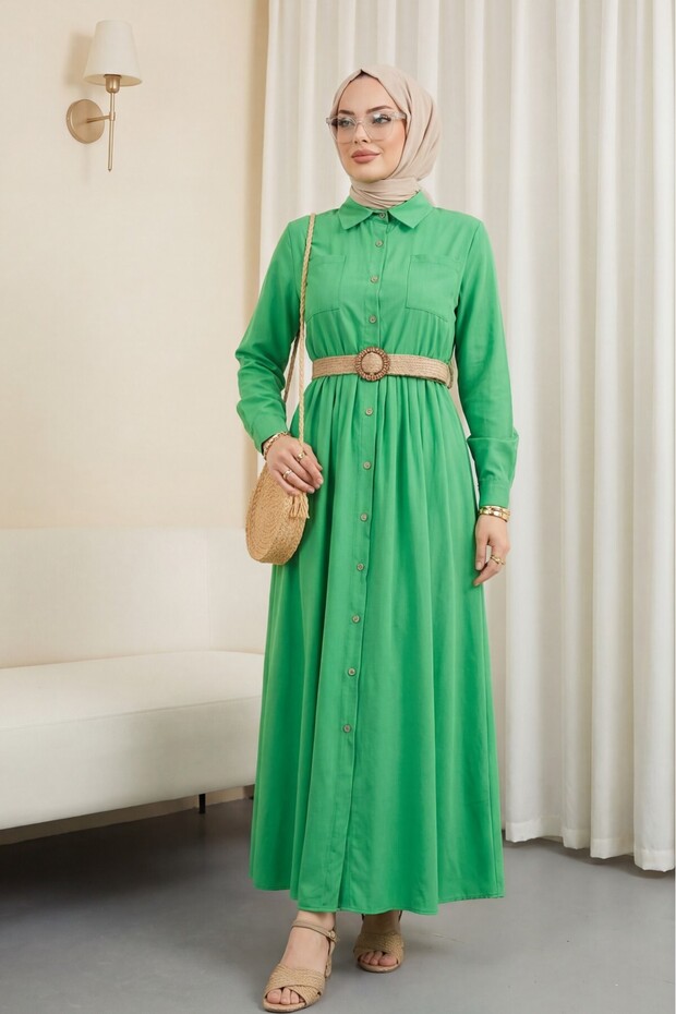 Green Shirt Dress - Tall with Buttons and Belt
