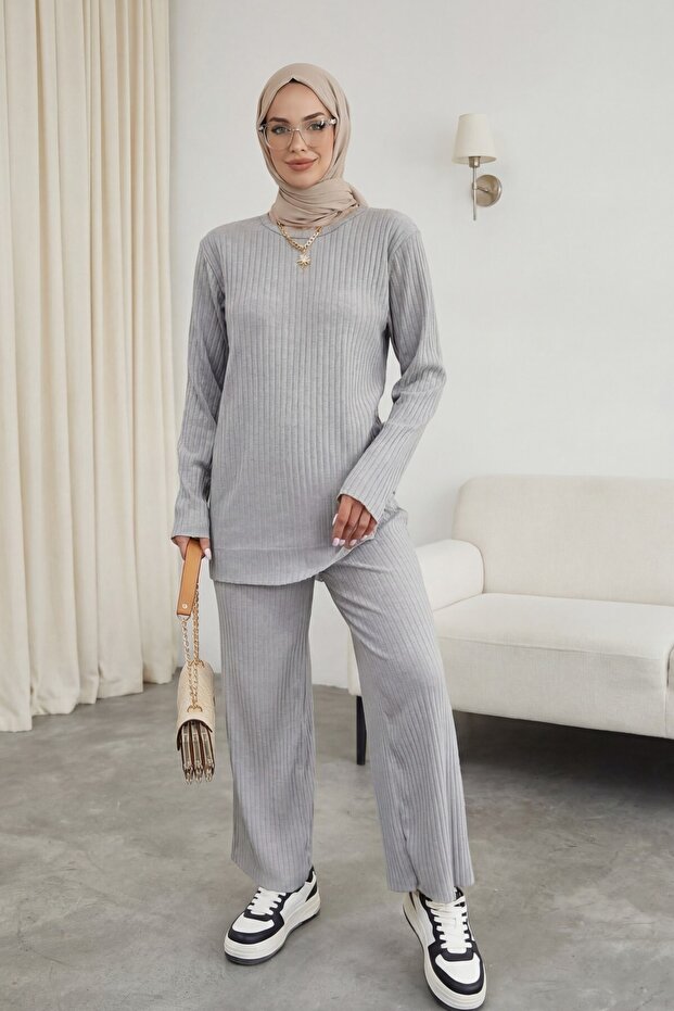 Crew Neck Camisole Set -Light Gray
