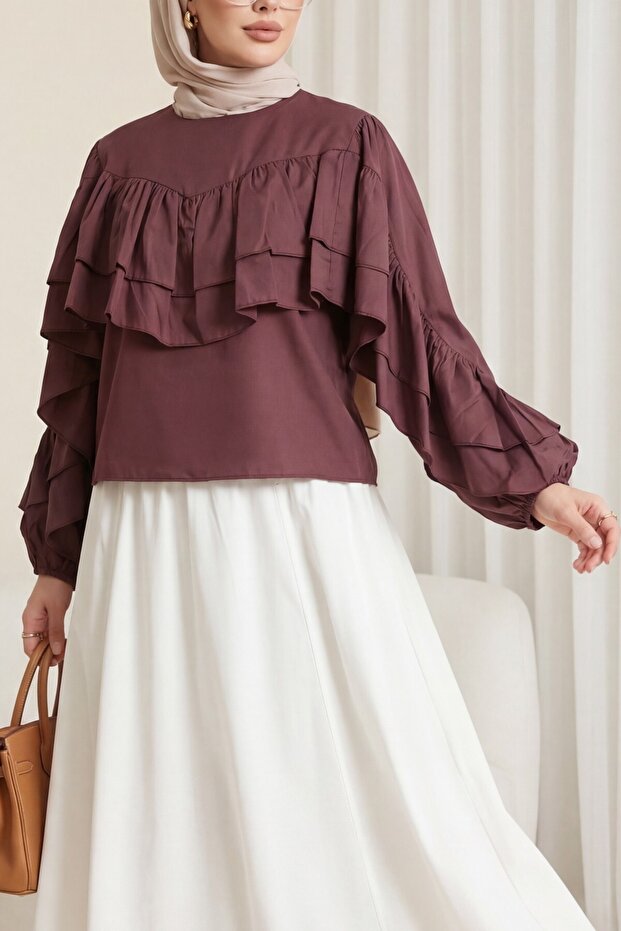 Flounce Sleeve Elastic Blouse - Plum