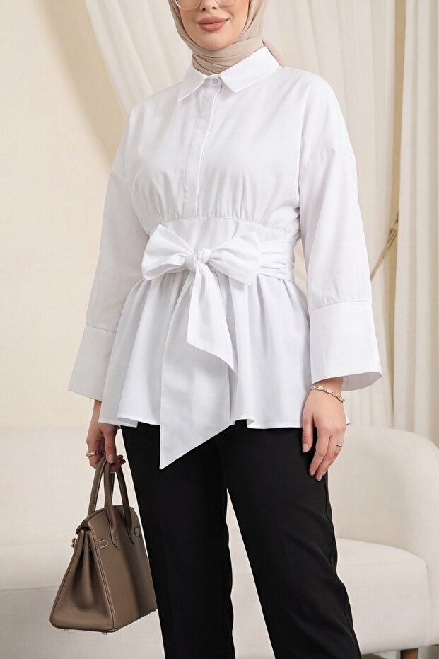 Beli Corseted Hidden Button Belted Poplin Tunic -White
