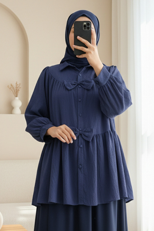 Segmented Shirt with Bow Detail on the Front - Navy Blue