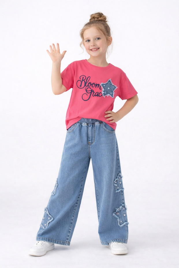 Girl's Stylish Summer Set – T-Shirt & Star Printed Loose Jeans