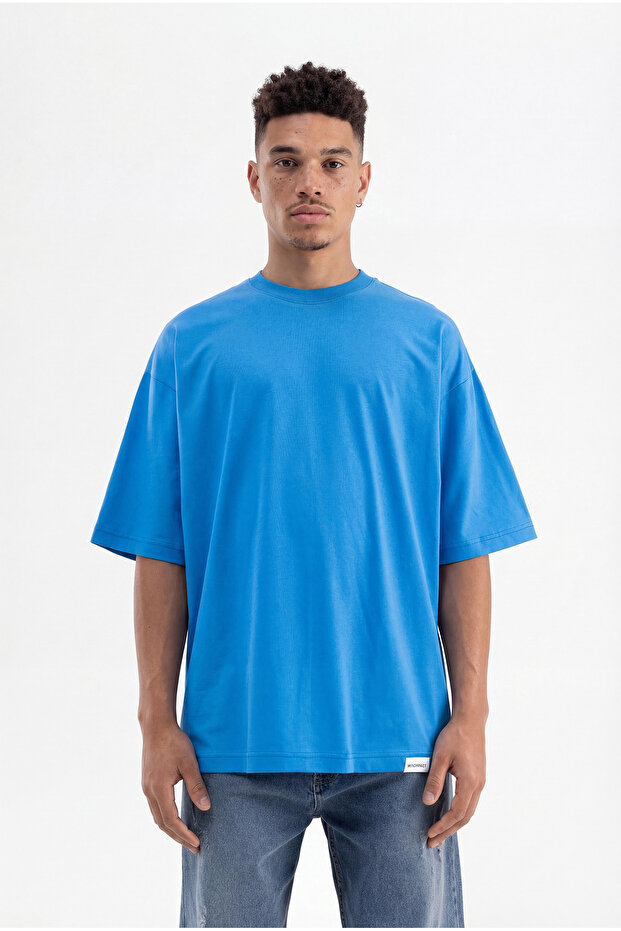 Erkek Basic Super Pamuklu Oversize Tişört Mavi - 1