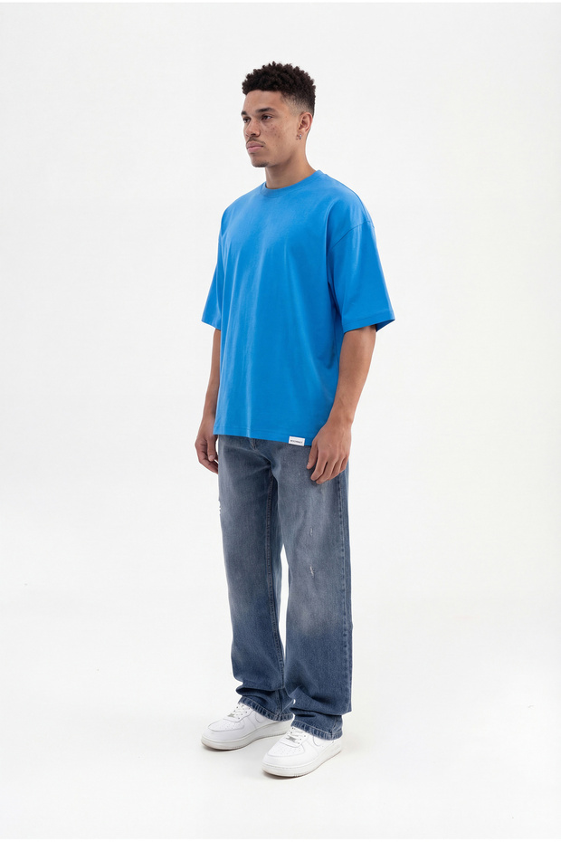 Erkek Basic Super Pamuklu Oversize Tişört Mavi - 5
