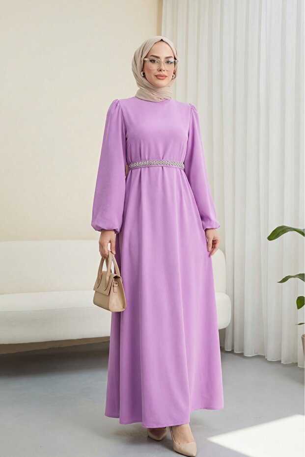 Hakim Collar Balloon Sleeve Belted Dress -Pink