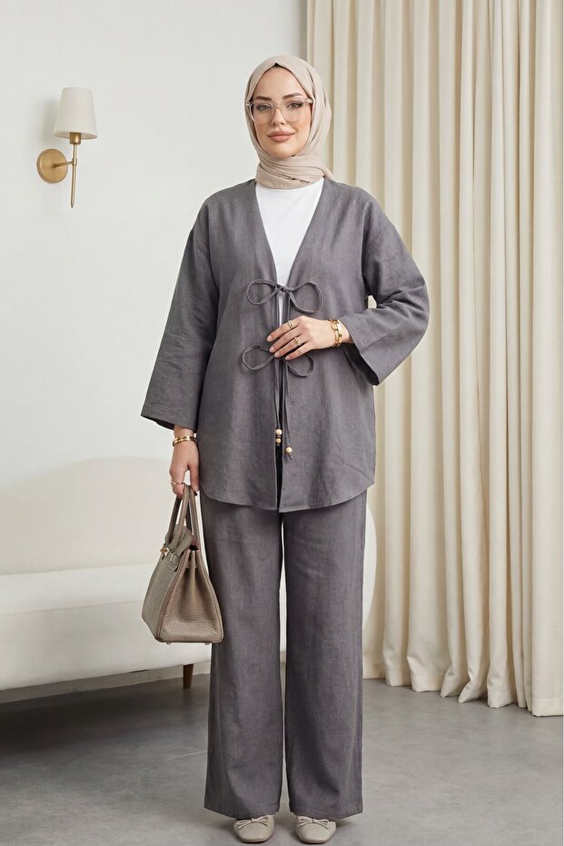 Double-Tied Front Kimono Suit with Pants - Anthracite