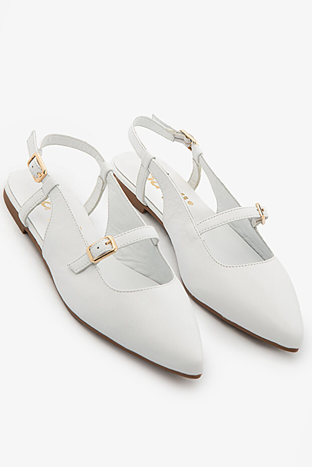 White Genuine Leather Women's Ballerina Slingback Shoes