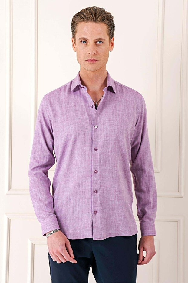 Men's Comfort Fit Herringbone Woven 100% Cotton Classic Purple Shirt Gk 722