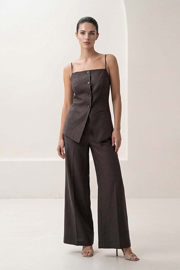Bitter Brown 100% Linen Slim Strap and Button Detailed Vest Comfortable Cut Pants Suit